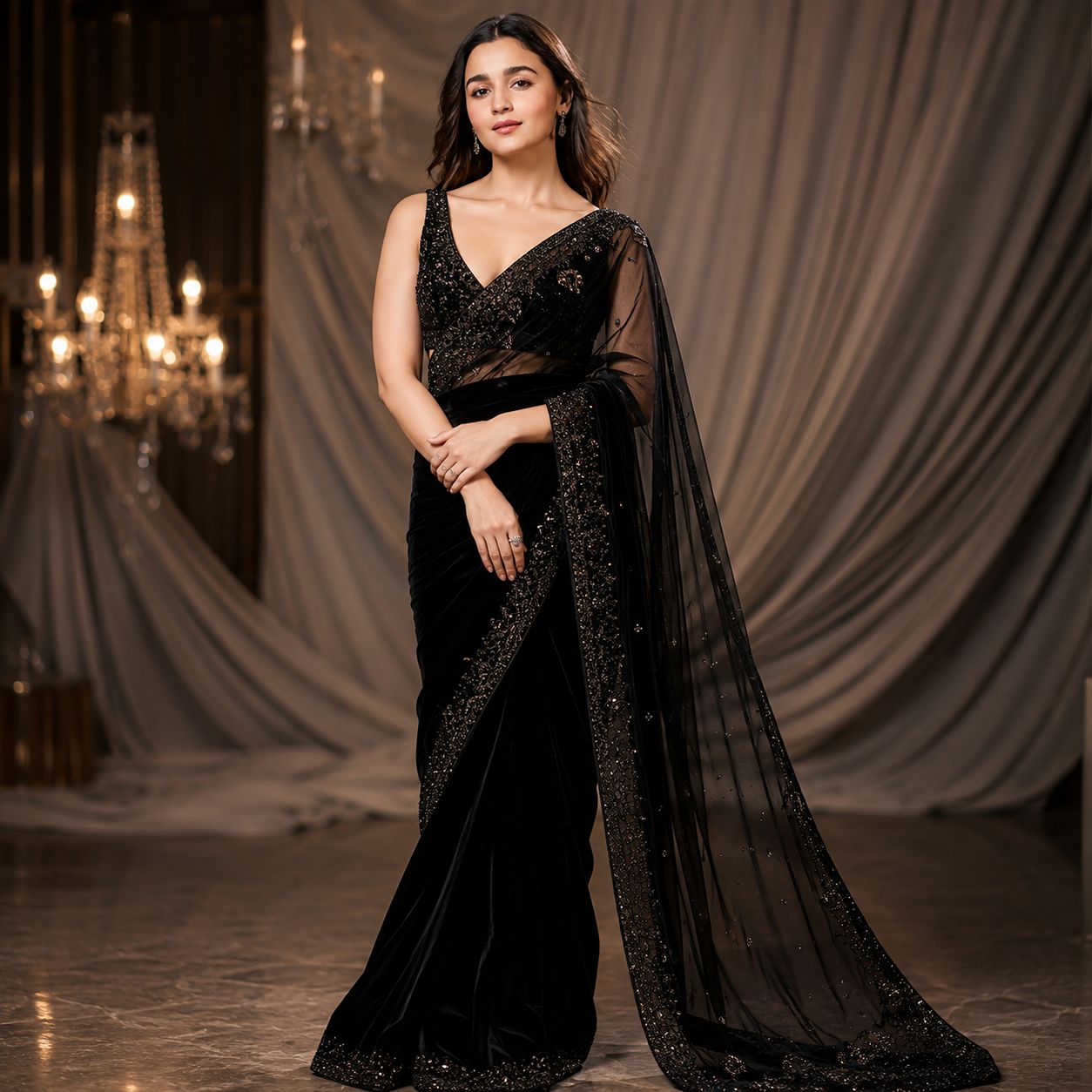 Aliya Bhatt Black Colour Velvet And Net Saree