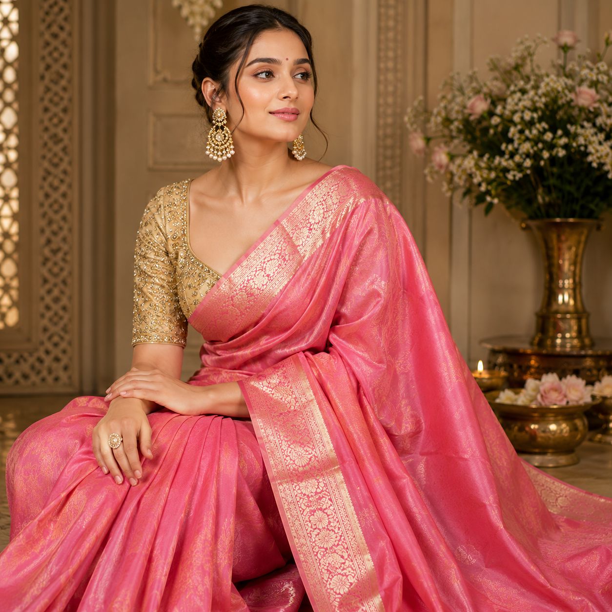 Alia Bhatt Pink Color Pure Silk Zari Border With Hand Work Golden Blouse