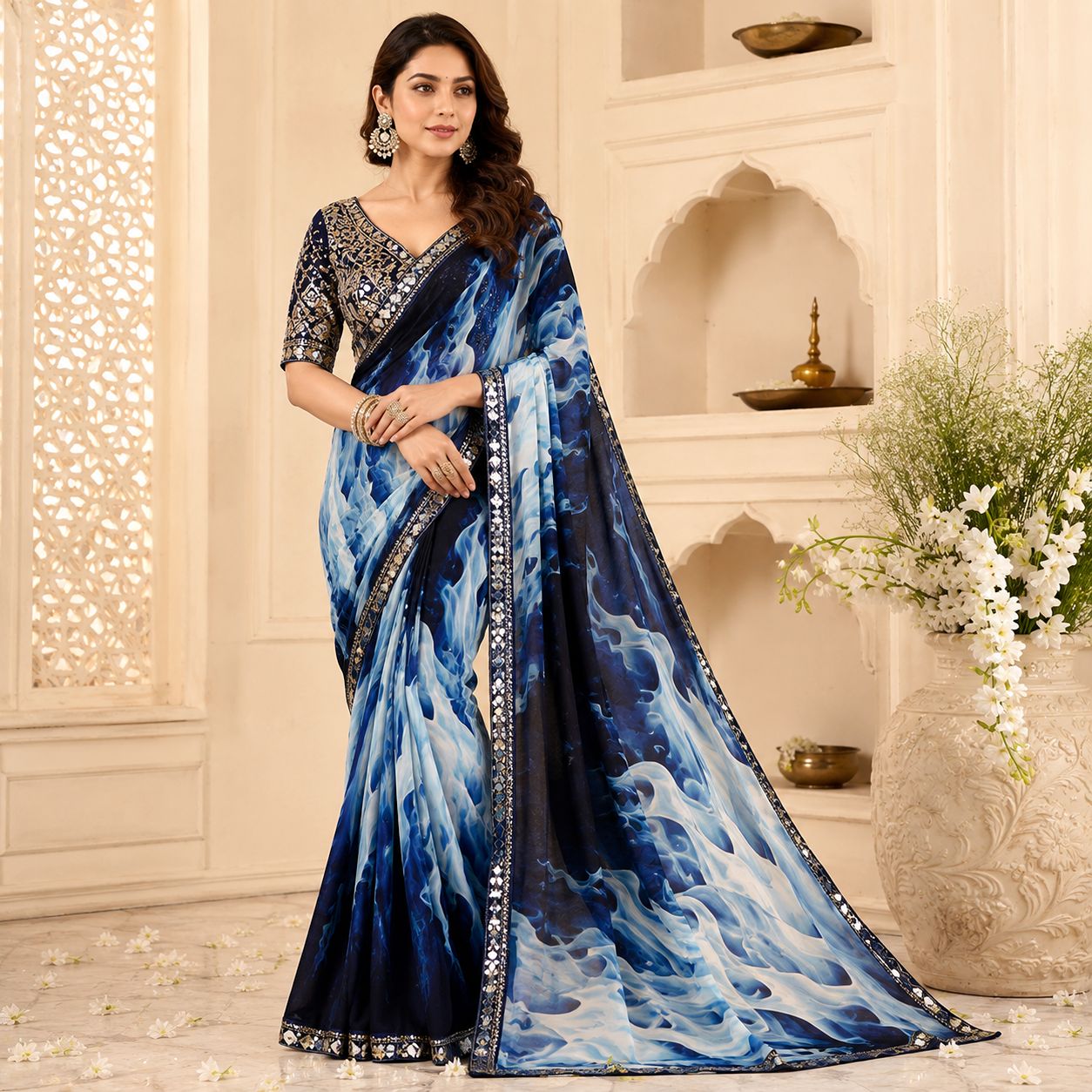 Blue Fire Print Embroidered Sari Mirror & Thread Handwork Blouse