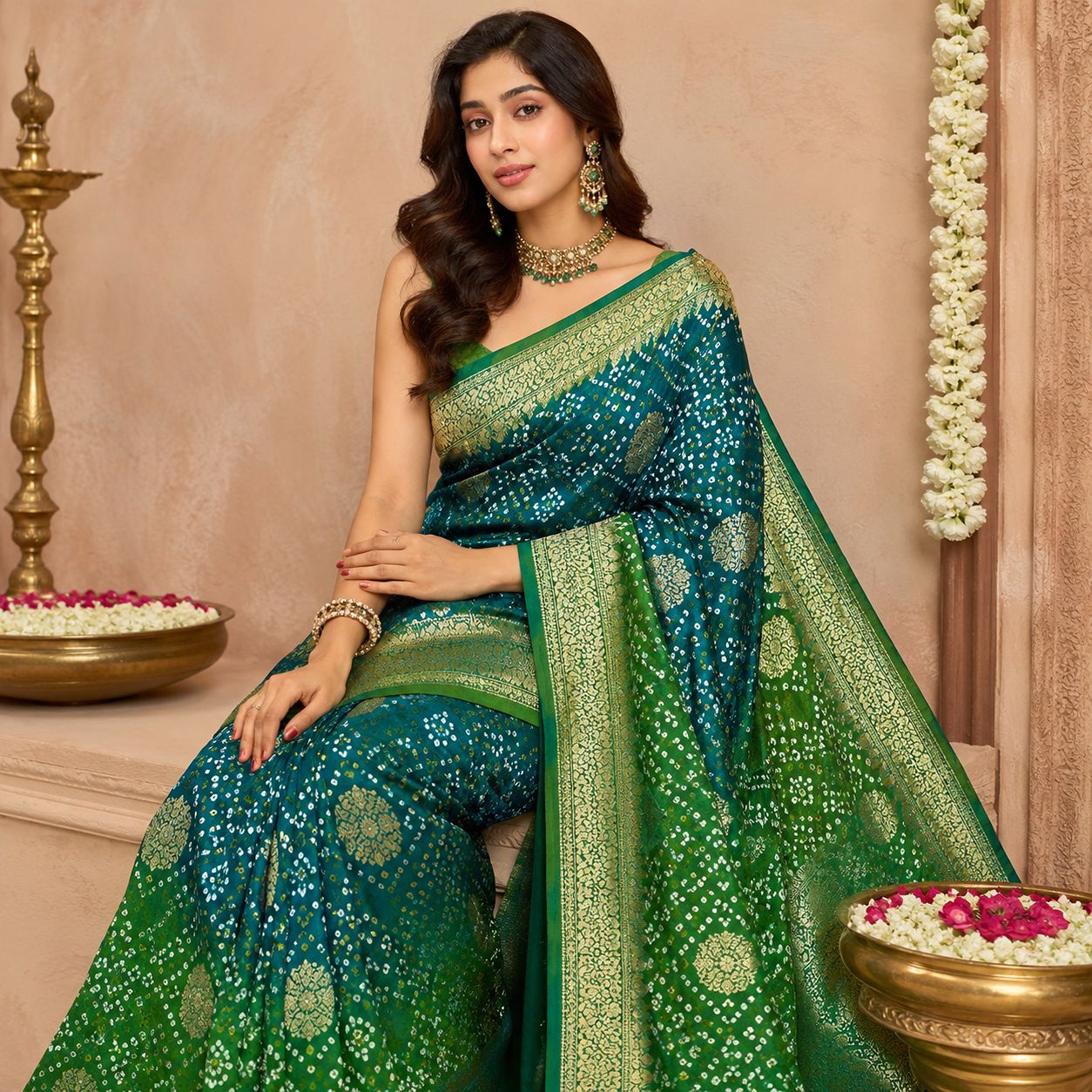Janhvi Kapoor Green and Teal Blue Banarasi Bandhej Silk Saree