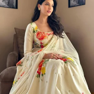 Nora fatehi white cotton floral printed long anarkali suit
