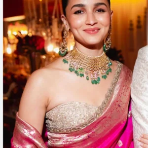 Aliya Bhatt Pink Color Pure Silk Zari Border With Hand Work Golden Blouse