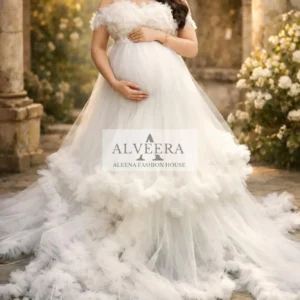Maternity Ruffles white Gown -Elegant Photoshoot wear