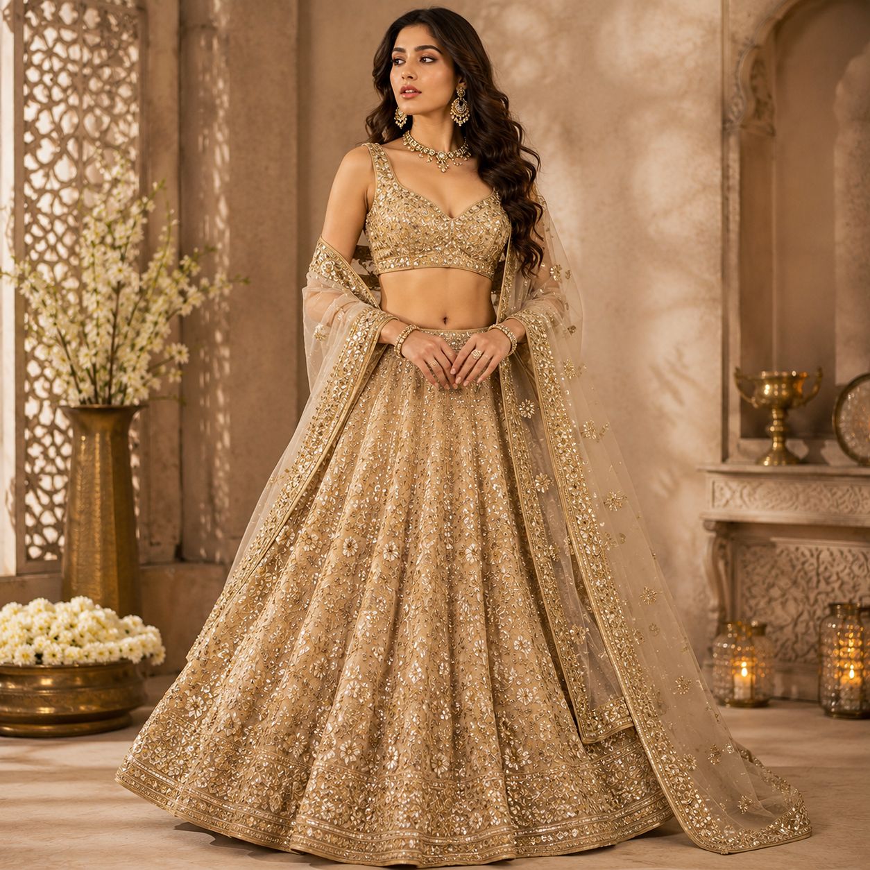 Janhvi Kapoor Inspired Golden Beige Designer Lehenga Set