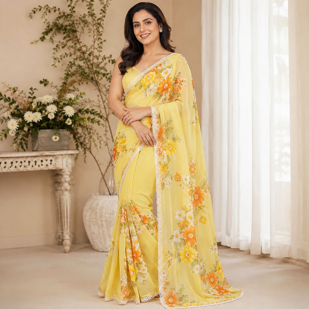 Kajol Devgan Floral Print Lemon Yellow Saree