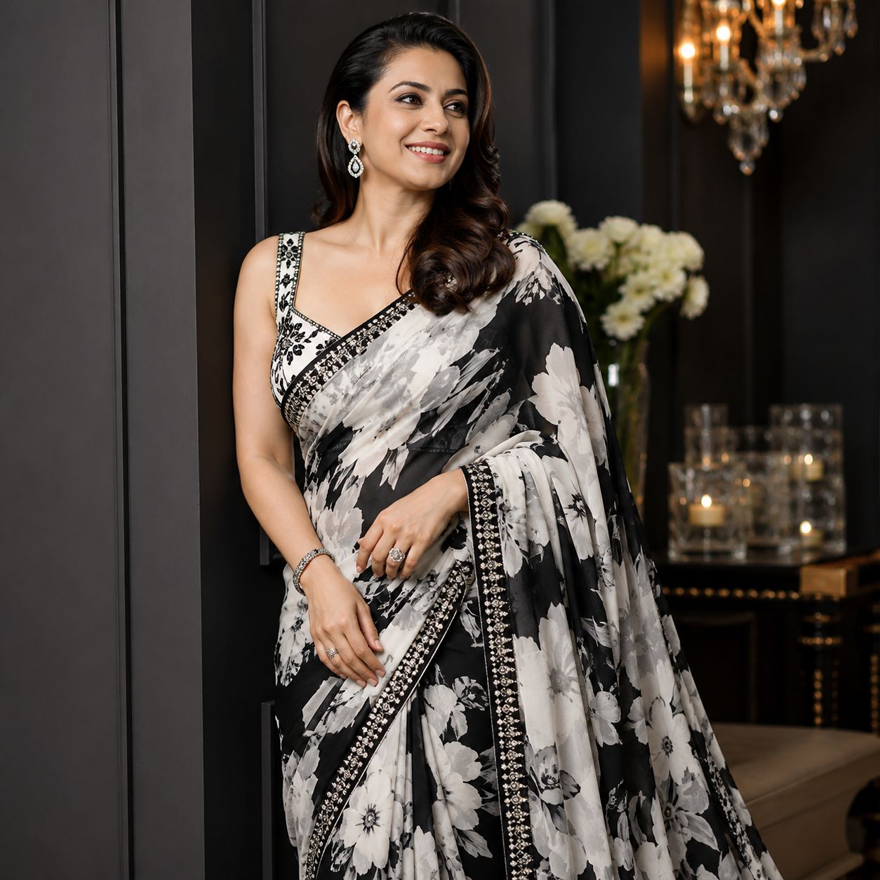 Kajol Devgan Inspired Black & White Floral Print Saree