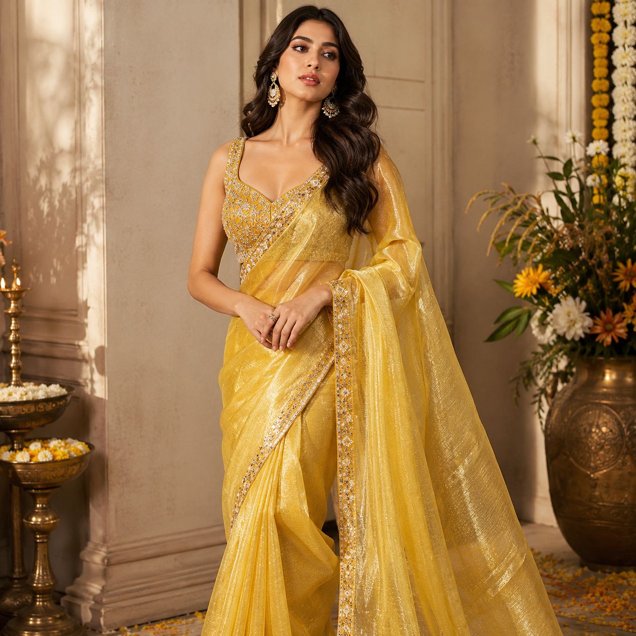 Janhvi Kapoor Yellow Tissue Saree With Hand Work Blouse