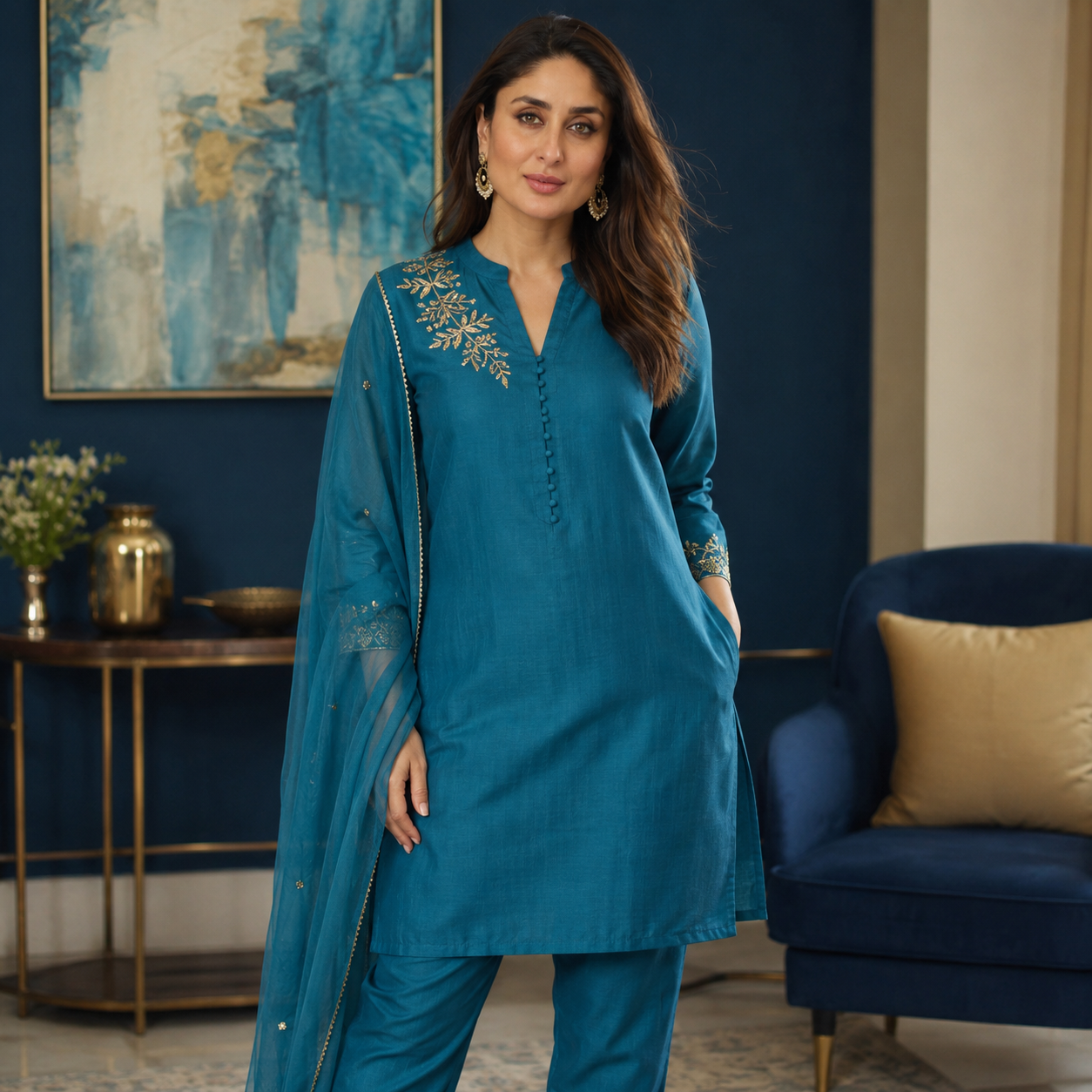 Kareena Kapoor Khan Teal Blue Colour Outfit with Pant