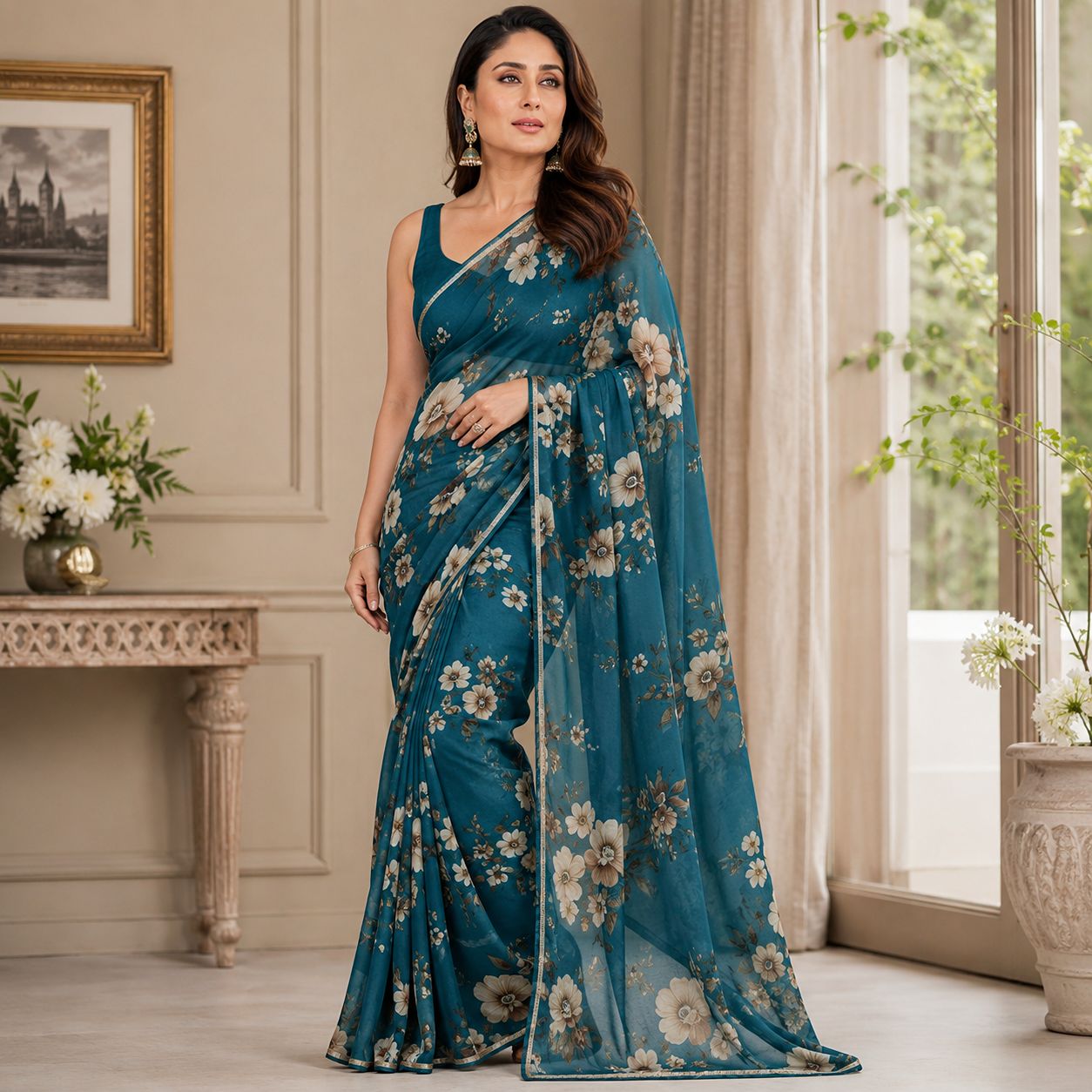 Kareena Kapoor Printed Teal Blue Saree