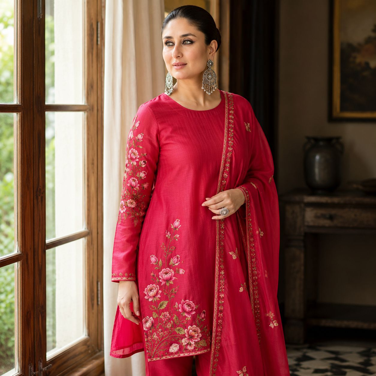 Kareena Kapoor Rose Red Silk Chanderi Hand Painted Anchor Thread Round Kurta Pant Set