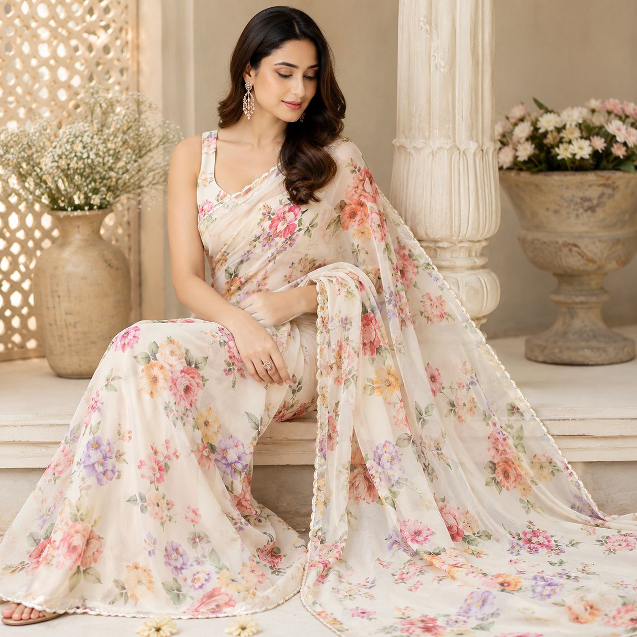 Kareena kapoor Khan Cream Colour chiffon Saree