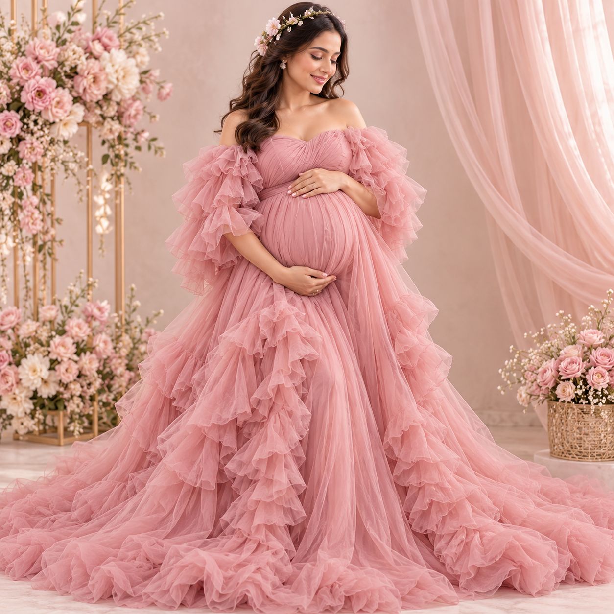 Maternity Ruffles Gown Blush Dusty Rose Colour