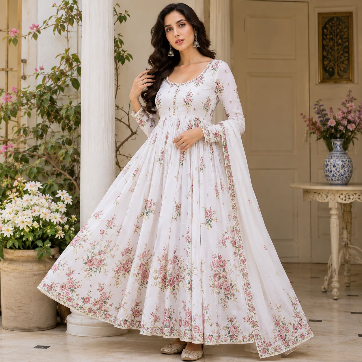 Nora fatehi white cotton floral printed long anarkali suit
