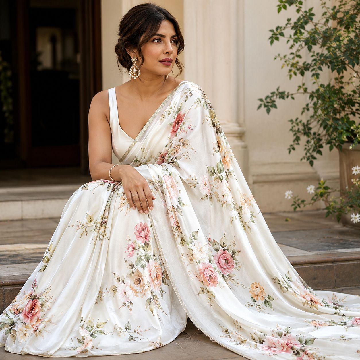 Priyanka Chopra Satin Georgette Off White Colour Saree