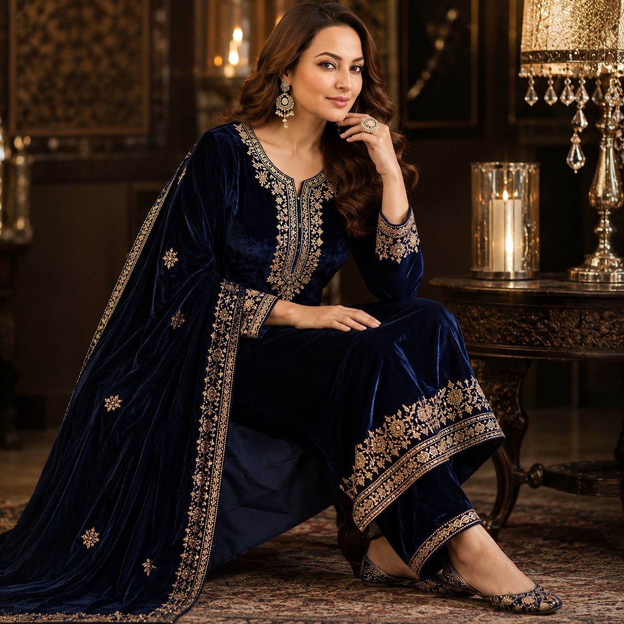Sonakshi Sinha Stuns in Navy Blue Velvet Kurta Set