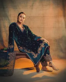 Sonakshi Sinha Stuns in Navy Blue Velvet Kurta Set