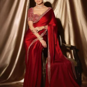 Crimson Red Satin Saree: Hand-Cut Mirror Embroidered Blouse