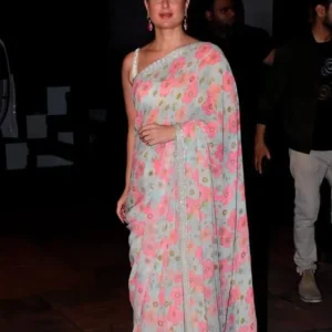 Floral Saree: Elegant Pink & Coral Print with Shimmering Border