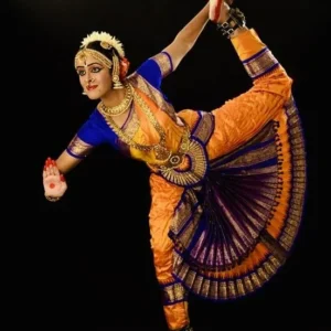 Royal Blue And Golden Organge Colour Bharatnatyam Dance Dress Costume