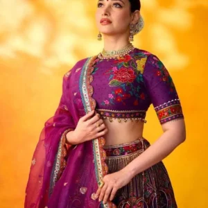 A purple lehenga set similar to the one worn by actress Tamannaah Bhatia