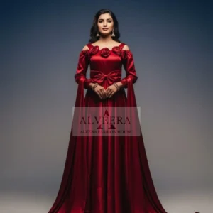 Aleena Fashion House – Royal Wine Red Satin Gown