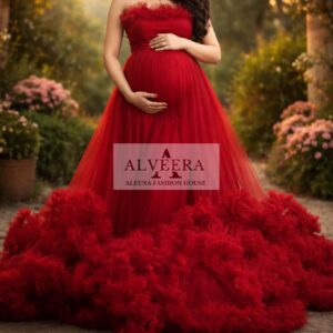Maternity Ruffles Rose Red Colour Net Gown – Elegant Photoshoot Wear