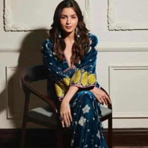 Aliya Bhatt Teal Blue Printed Bell Sleeve Silk Velvet Kurta Set