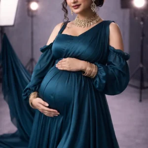 Aleena Fashion House -Luxury Maternity Teal Blue Japan Satin Tail Gown