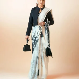 Georgette Floral Print Saree with Black Designer Jacket