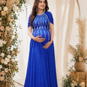 Royal Blue Maternity Gown, Spandex Lycra, Handmade Stone Dori Poncho, Photoshoot Dress